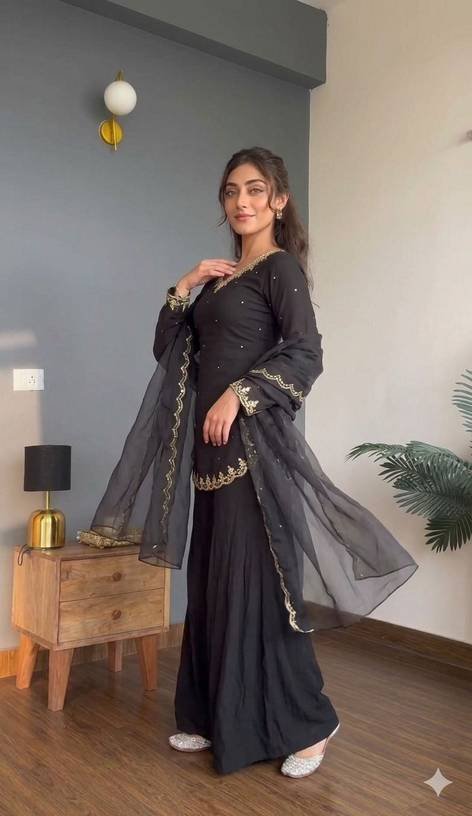 Om Enterprise Embroidered, Embellished Kurta, Sharara & Dupatta Set