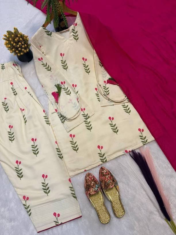 Om Enterprise Printed Kurta, Patiala & Dupatta Set